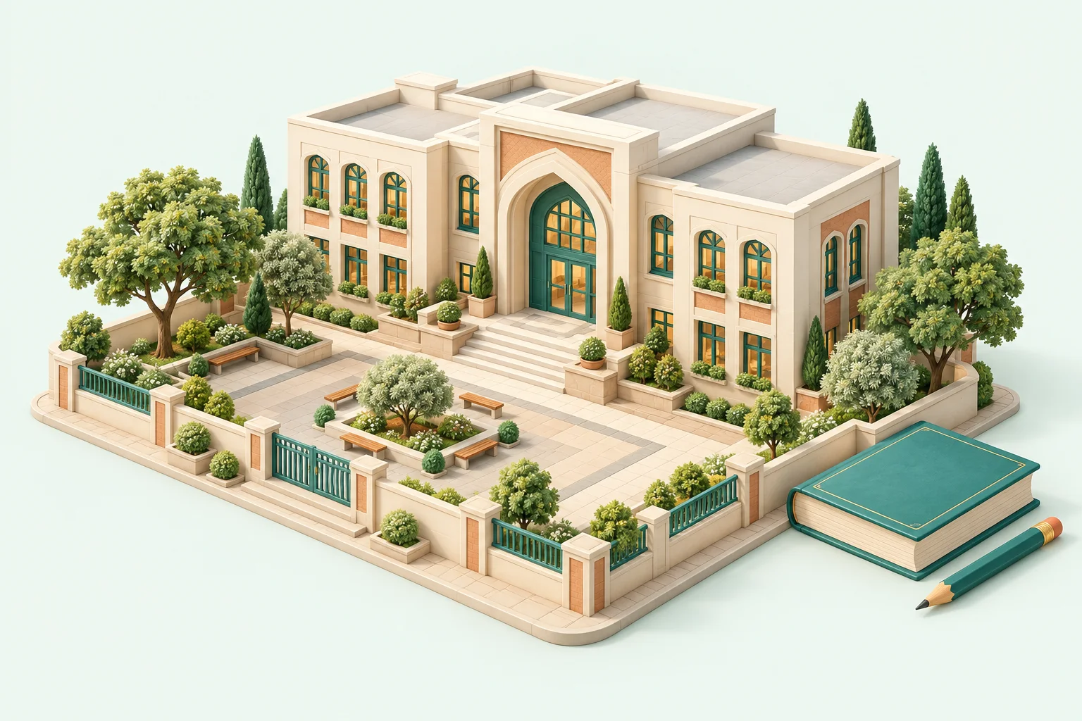 تصویر سه‌بعدی ساختمان مدرسه با درختان سبز و کتاب